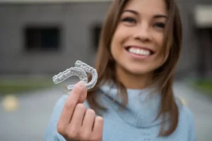 young lady smiling and holding retainers in hands