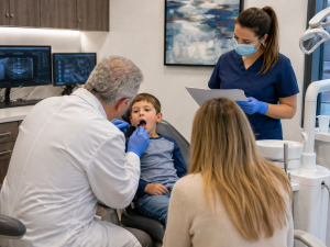 Orthodontic airway evaluation for a child with the doctor, assistant, and parent present