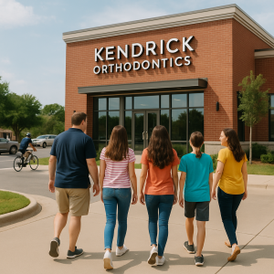 Family walking toward Kendrick Orthodontics office in Kissimmee. 