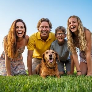 Happy family smiling outdoors, showcasing orthodontic braces treatment results.
