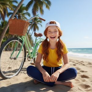 Teenage girls smiling on the beach. Orthodontic theme.
