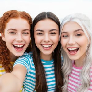 Three teenage girls smiling together, one wearing braces, representing an orthodontic treatment concept. Bright, cheerful, and friendly atmosphere.