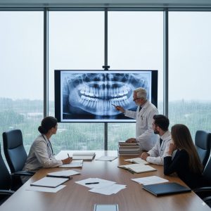 Orthodontists reviewing panoramic dental x-ray with team, braces, and TMJ treatment discussion. 
