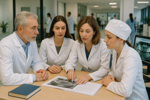 Orthodontist with three female team members in the office meeting.