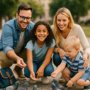 Happy family with adults and child smiling, orthodontic braces treatment for all ages.
