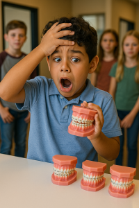 Surprised boy holding orthodontic models with braces